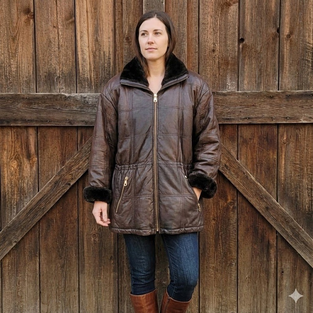 VTG Andrew Marc Women's Brown Leather Faux Fur Trim Oversized Insulated Jacket M